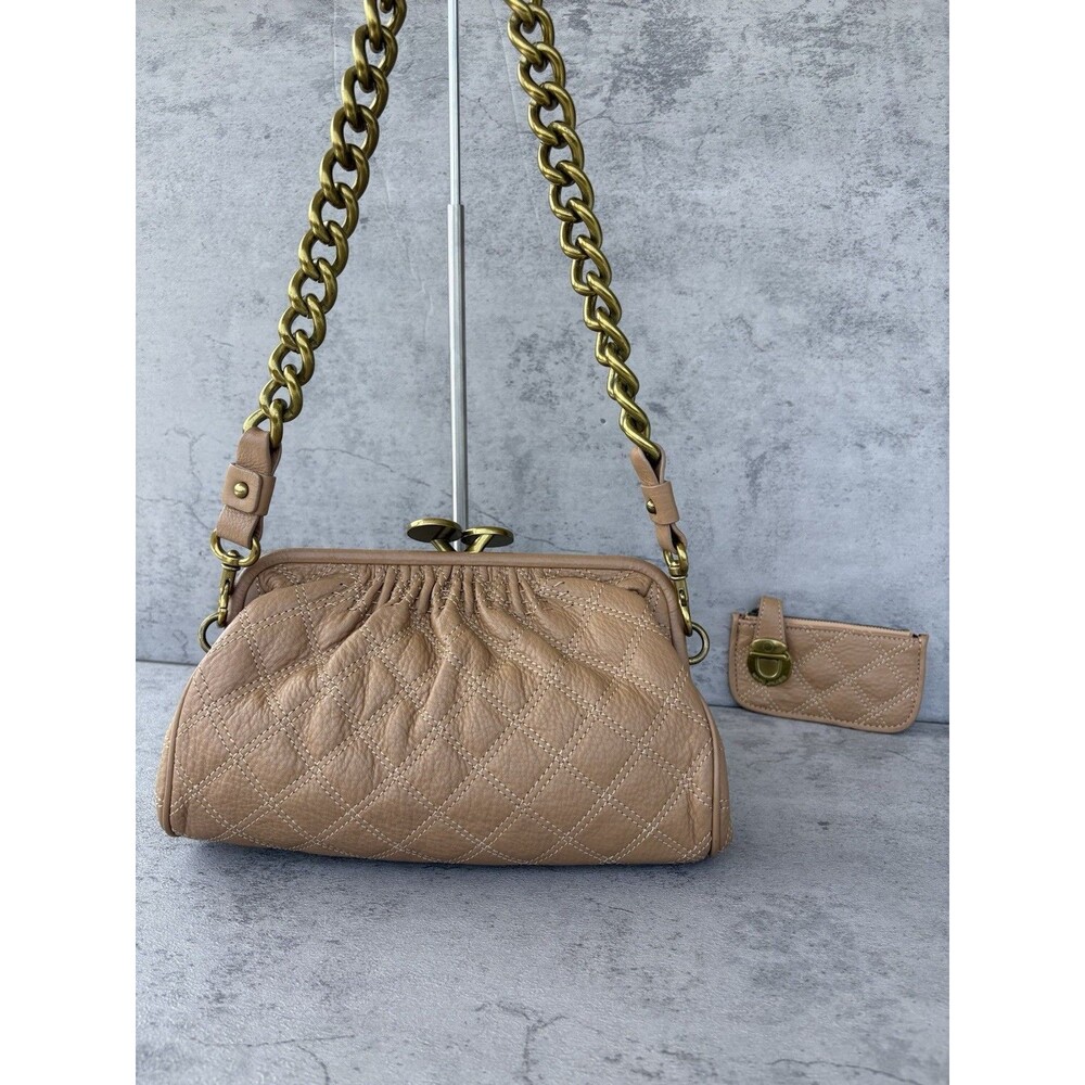MARC JACOBS Classic Quilted Stam Beige Leather Satchel Crossbod Bag + Coin Purse